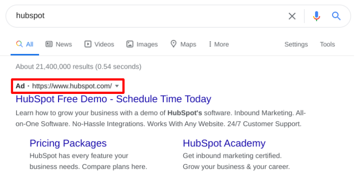 Screenshot of a google of 'hubspot' where the 'Ad' space is highlighted